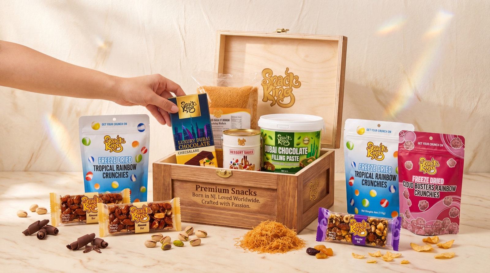 Snack King wooden gift box filled with Dubai chocolate, kunafa dough, freeze dried candy and nut bars